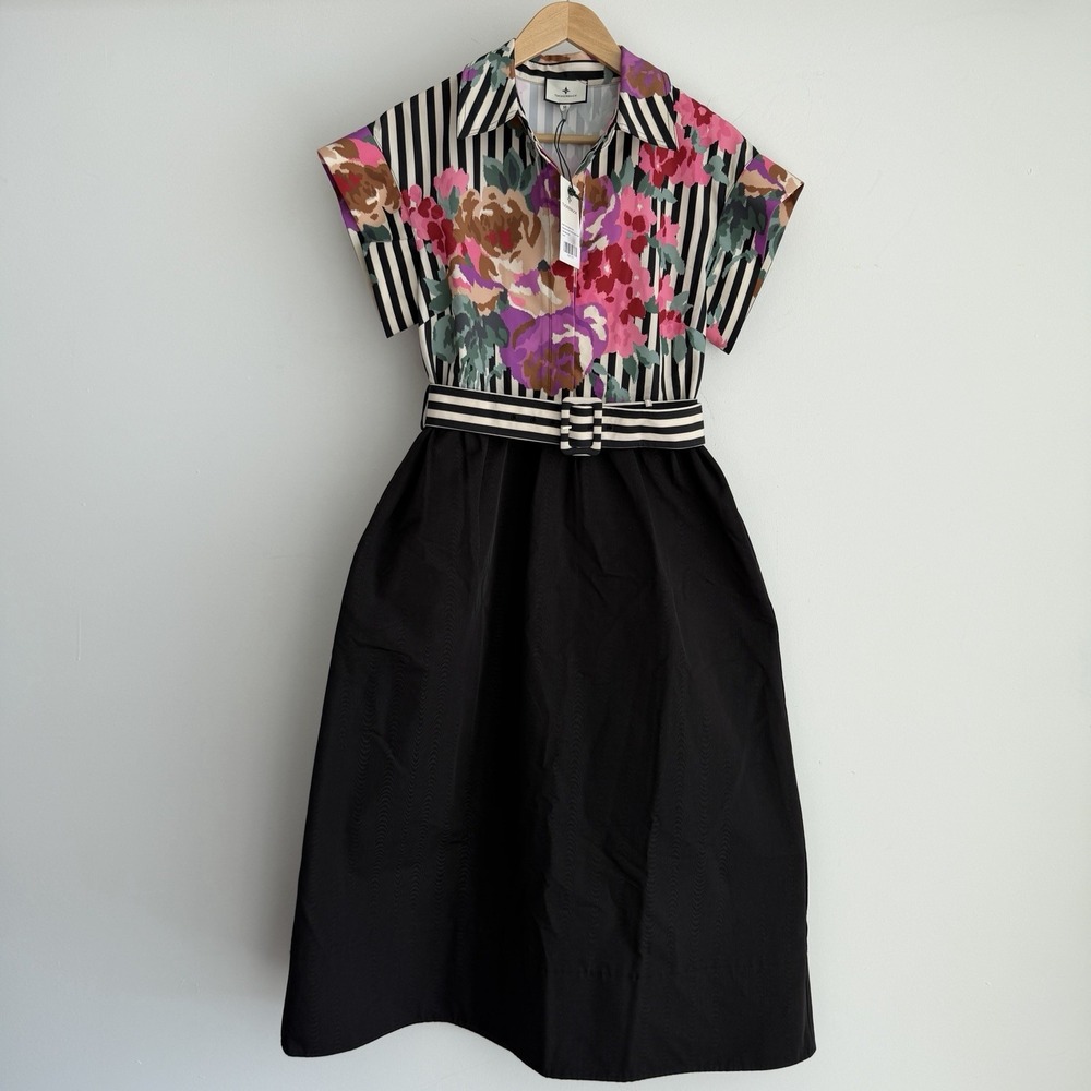 Tuckernuck Dress Medium Chloe Flowering Trellis Floral Striped A Line Belted